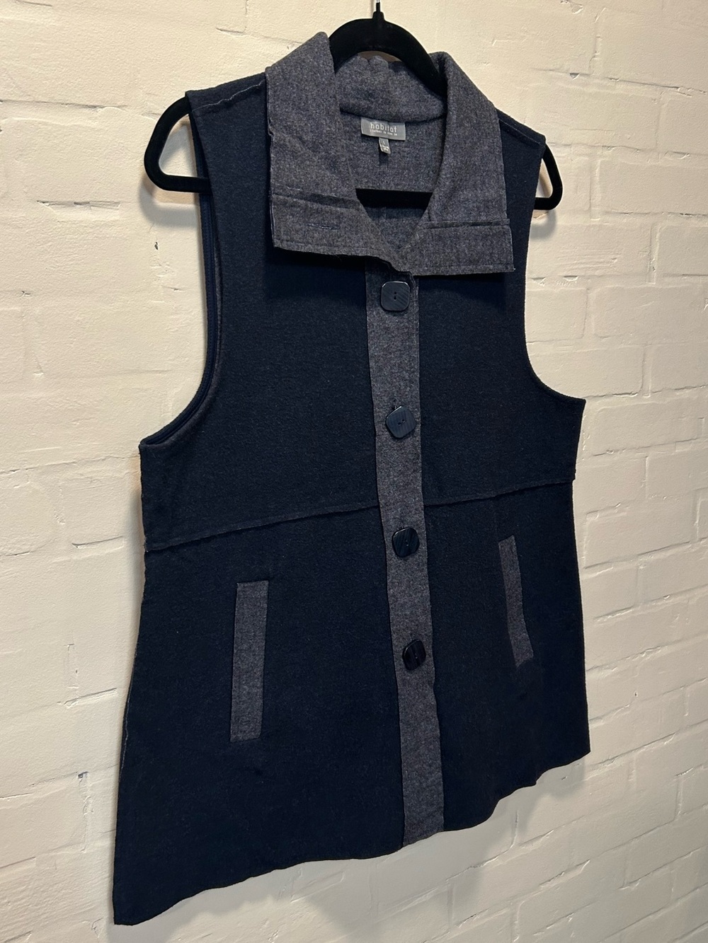 Habitat Navy Gray Contrast Button Front Vest Size L Lagenlook Artsy Scandinavian - Picture 4 of 9